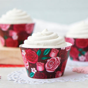 Valentine's Day/Roses Cupcake Wrappers - PRINTABLE instant download. Pretty sketched red & pink roses. Romantic design with flowers, leaves.