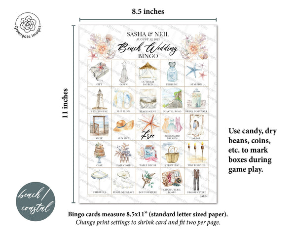 Beach Wedding Bingo - 100 Cards PRINTABLE bingo pdf download, personalized couples shower bingo game, reception idea bachelorette party.