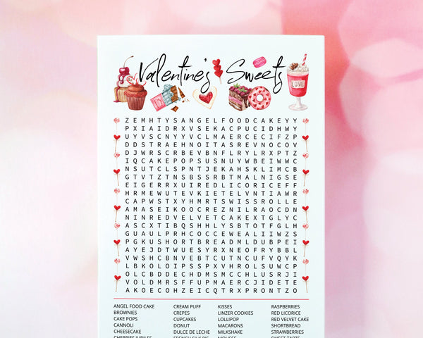 Valentine's Sweets Word Search - PRINTABLE word find. Instant download PDF activity, half page & full page. Cute classroom cards older kids.