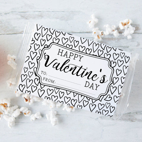 Black/White Valentine's Day Popcorn Wrapper - PRINTABLE microwave popcorn wrapper that you customize in Corjl. Personalize in your browser.