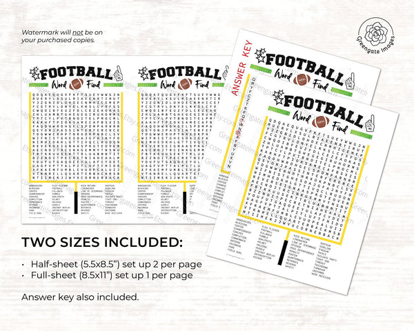 PRINTABLE Football Word Search - Big 44-word find. Instant download PDF activity, half page & full page. Big game entertainment for guests.