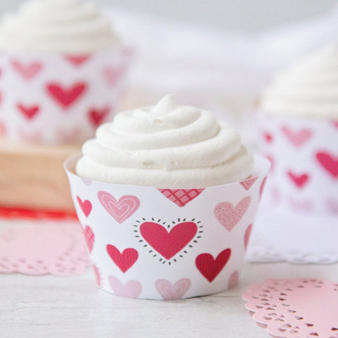 Valentine Heart Cupcake Wrappers - PRINTABLE instant download. Cute pink sleeves w/ hearts in shades of pink. Galentine's Day dessert table.