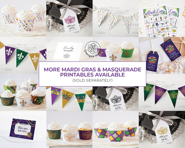 Gold Masquerade Place Cards -  Mardi Gras Decor, Editable Table Buffet Card, Food Sign, Food Label, Tented Card, Venetian Mask, Corjl