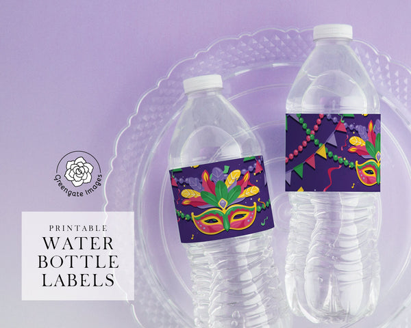 Mardi Gras Water Bottle Label - PRINTABLE beverage wrapper PDF. Purple with Venetian mask, beads, and streamers in green, fucshia and gold.