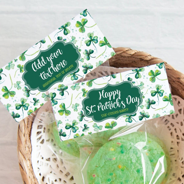 3.5" & 4.5" Shamrock Cookie Pouch Topper - PRINTABLE - editable in Corjl Foldover Bag Label 4.5 inches wide, small bag tag, customize text.