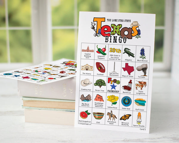 Texas Bingo Cards - 50 PRINTABLE unique cards you can download instantly. Fun TX activity for kids to seniors. Educational homeschool game.