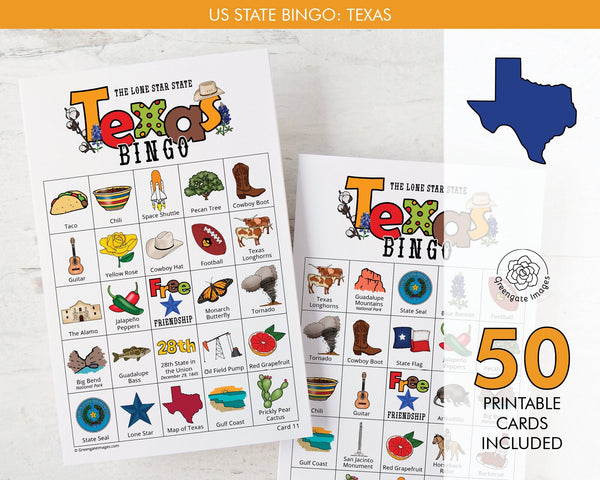 Texas Bingo Cards - 50 PRINTABLE unique cards you can download instantly. Fun TX activity for kids to seniors. Educational homeschool game.