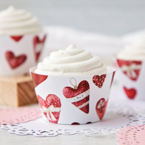 Red Hearts Cupcake Wrappers - PRINTABLE instant download. Valentine's Day edible gifts and dessert table. Watercolor vintage style hearts.