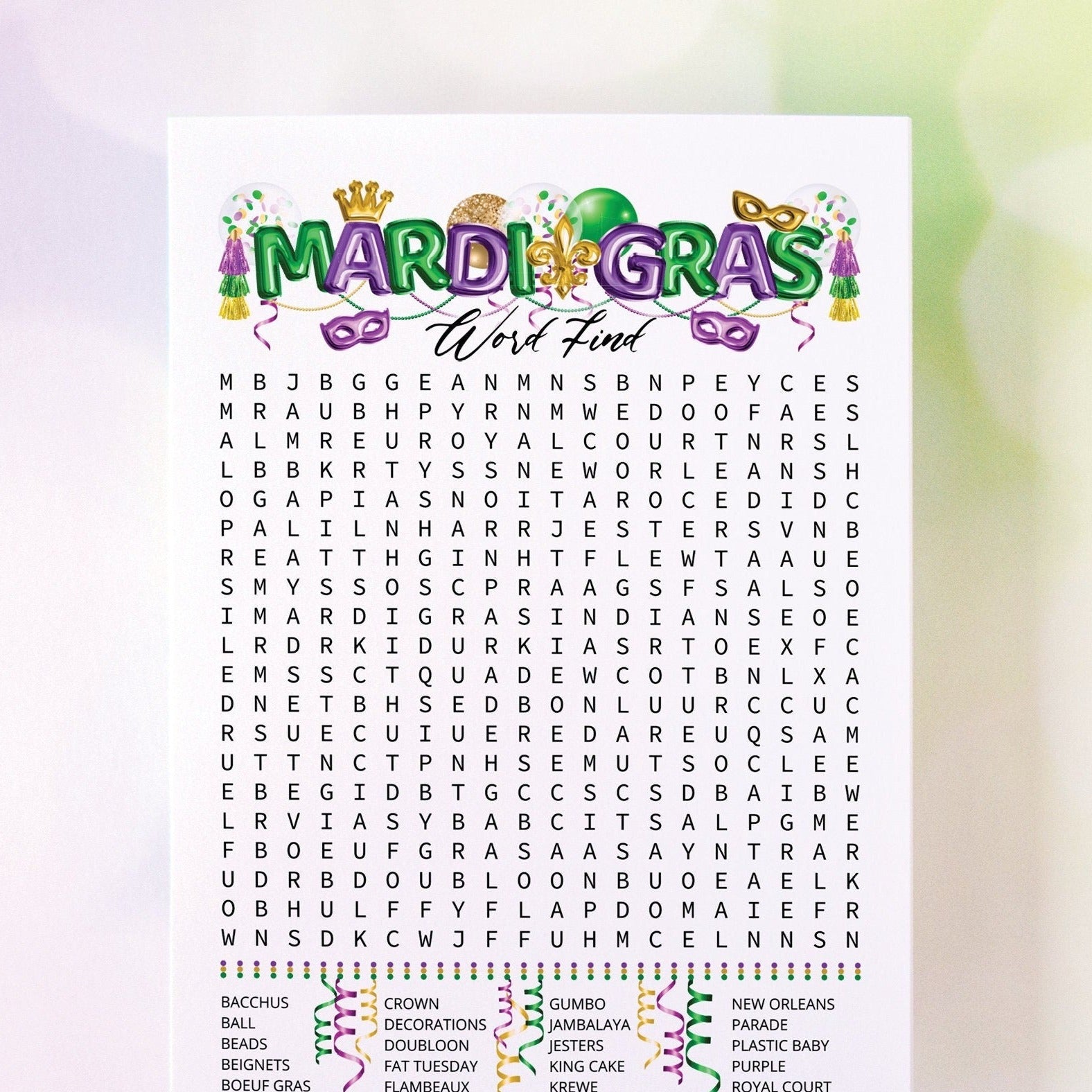Mardi Gras Word Search - PRINTABLE word find. Instant download PDF activity, half page & full page. Cute classroom cards older kids.