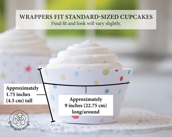 Stars & Spots Cupcake Wrappers - PRINTABLE cupcake sleeves PDF. Colorful delicate pattern, hand-drawn stars, polka dots on white background.