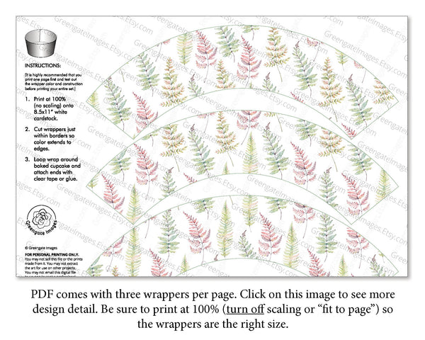 Fern Leaf Cupcake Wrapper - PRINTABLE digital download PDF. Watercolor multicolored fern fronds on white background. Pretty wedding idea.