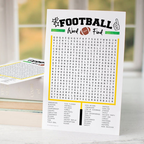PRINTABLE Football Word Search - Big 44-word find. Instant download PDF activity, half page & full page. Big game entertainment for guests.