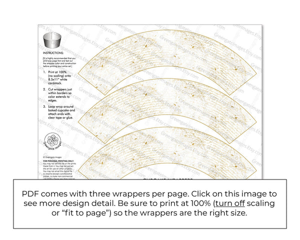 Vintage/Romantic Script Cupcake Wrappers - PRINTABLE instant download PDF. Bridal shower ideas, neutral gold on white. Botanical floral.