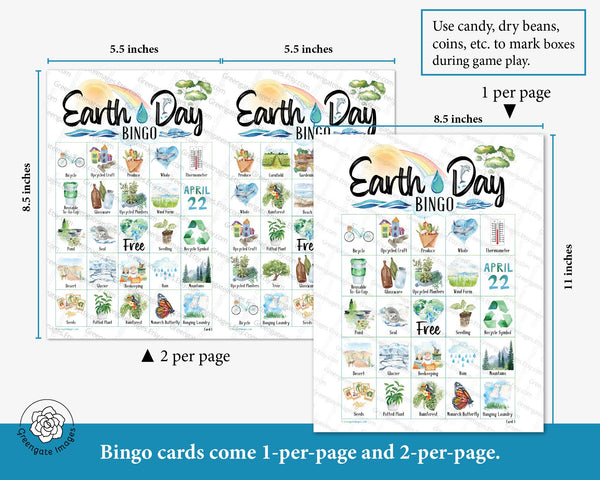Earth Day Bingo - 50 PRINTABLE unique cards. Instant digital download PDF. Pictures of natural scenery, animals, and conservation practices.