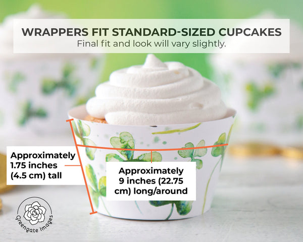 Watercolor Shamrock Cupcake Wrapper - PRINTABLE instant download PDF. Cupcake sleeve liner, three-leaf clover, St. Patrick's dessert idea.