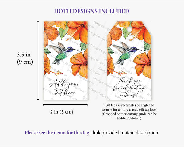 Hummingbird and Hibiscus Gift/Favor Tag - PRINTABLE & Corjl Editable. Tropical Bridal Shower Idea. Personalized wedding favor bag hang tag.