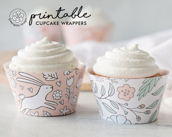 Peach Bunny/Floral Cupcake Wrappers - PRINTABLE instant digital download PDF. Cute handdrawn rabbits and flowers. Spring kids birthday idea.