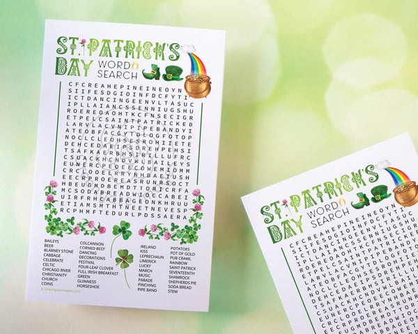 PRINTABLE St. Patrick's Day Word Search - Big 40-word find. Instant download PDF activity, half page & full page. Entertainment for guests.