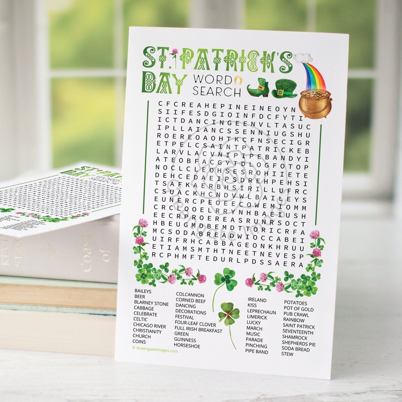 PRINTABLE St. Patrick's Day Word Search - Big 40-word find. Instant download PDF activity, half page & full page. Entertainment for guests.