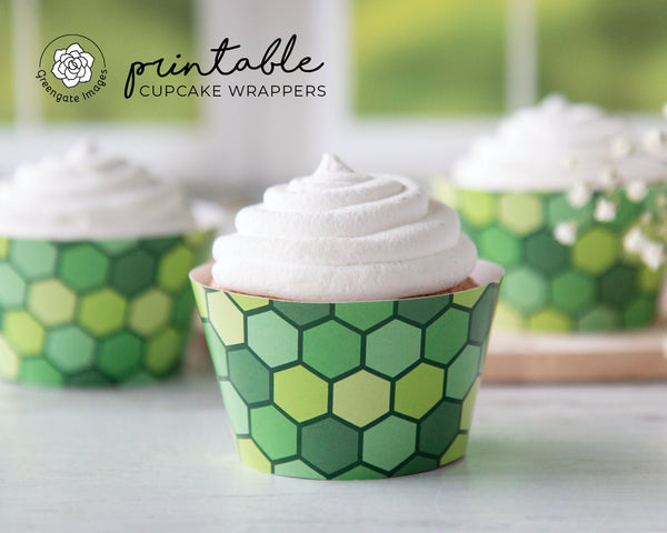 Green Hexagon Cupcake Wrapper - PRINTABLE instant download PDF. Cupcake sleeve liner, varied geometric shapes, St. Patrick's dessert idea.