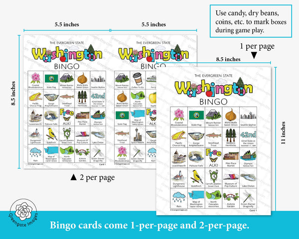 Washington Bingo Cards - 50 PRINTABLE unique cards you download instantly. Fun WA activity for kids-seniors. Educational homeschool game.