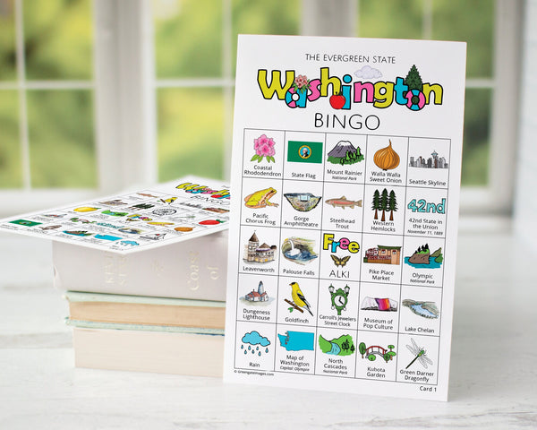 Washington Bingo Cards - 50 PRINTABLE unique cards you download instantly. Fun WA activity for kids-seniors. Educational homeschool game.