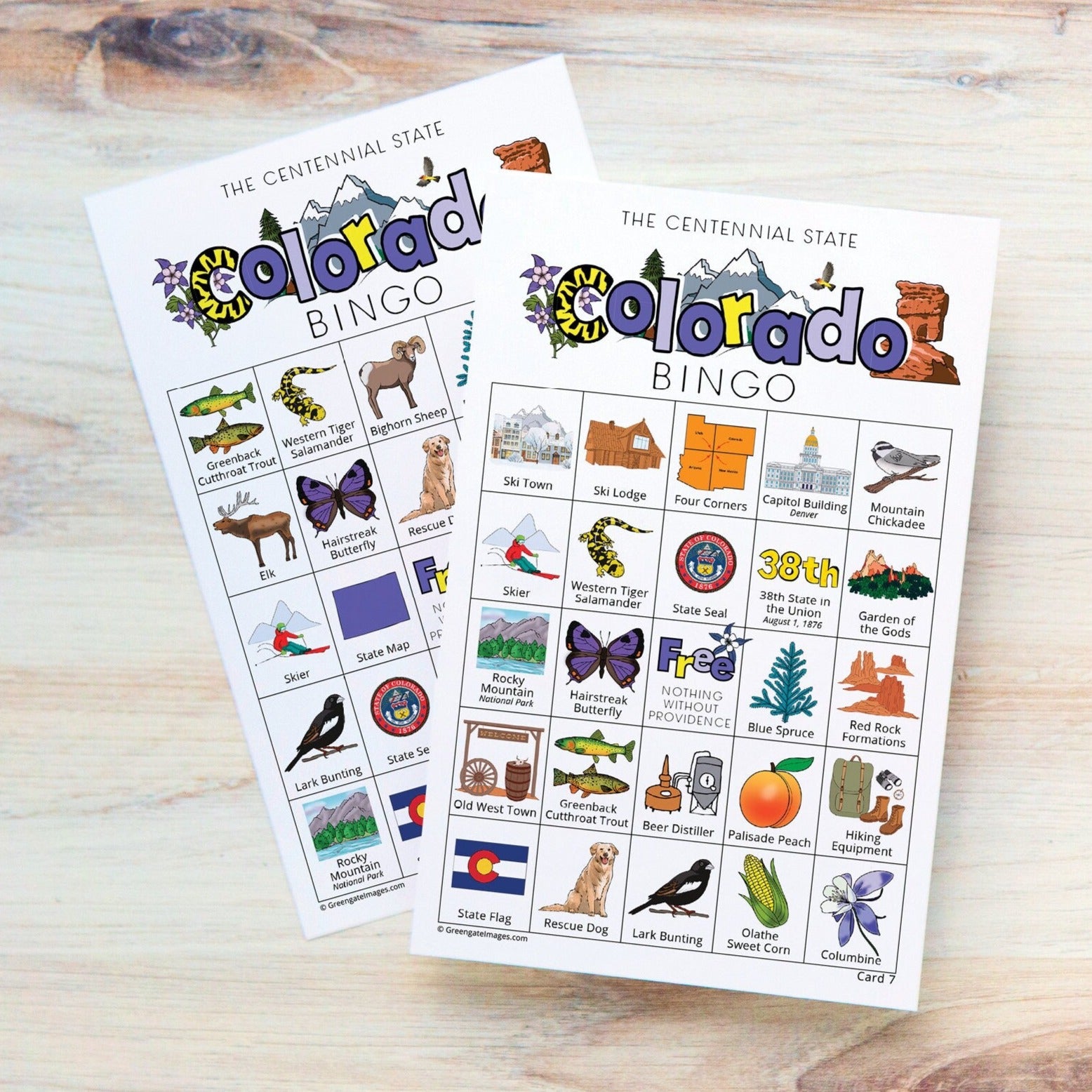 Colorado Bingo Cards - 50 PRINTABLE unique cards to download instantly. Fun CO state activity for kids-seniors. Educational homeschool game.