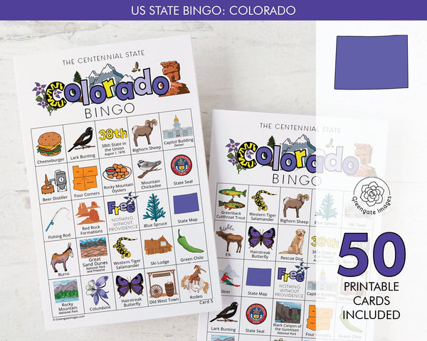 Colorado Bingo Cards - 50 PRINTABLE unique cards to download instantly. Fun CO state activity for kids-seniors. Educational homeschool game.