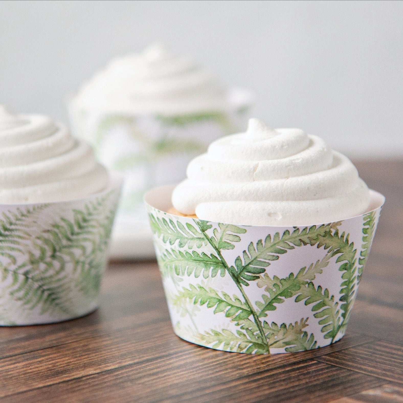 Fern Frond Cupcake Wrapper Duo - PRINTABLE cupcake sleeve, instant digital download PDF, pretty wedding greenery tropical watercolor design.