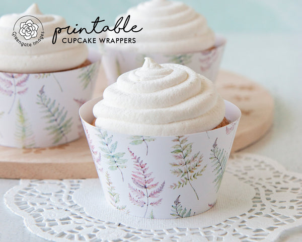 Fern Leaf Cupcake Wrapper - PRINTABLE digital download PDF. Watercolor multicolored fern fronds on white background. Pretty wedding idea.
