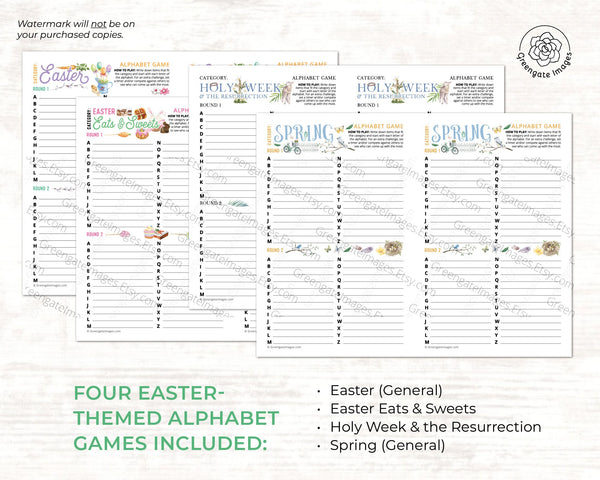 Easter/Spring Alphabet Game 4-Pack - PRINTABLE downloadable activity. Cute fun word games for guests, adults & older kids. Colorful artwork.