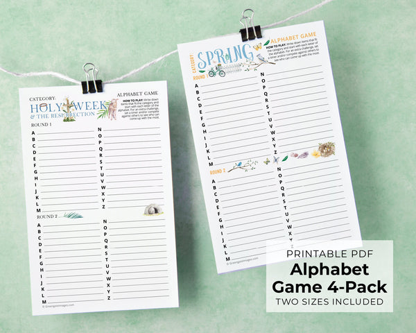 Easter/Spring Alphabet Game 4-Pack - PRINTABLE downloadable activity. Cute fun word games for guests, adults & older kids. Colorful artwork.