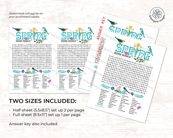 Spring Word Search - PRINTABLE downloadable activity. Fun word find for tea party guests, adults & older kids. Beautiful art, large print.