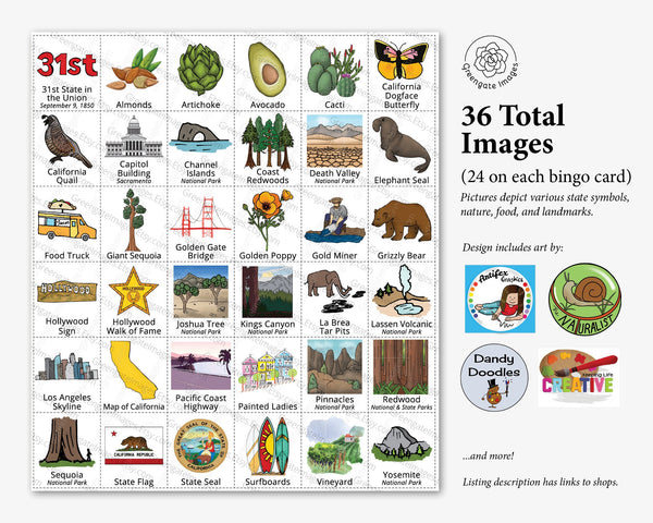 California Bingo - 50 PRINTABLE unique cards you download instantly. Fun CA state activity for kids-seniors. Educational homeschool game.