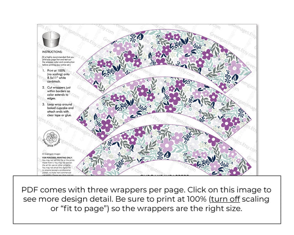Purple/Mint Floral Cupcake Wrapper - PRINTABLE instant download PDF.  Lavender flowers, baby shower, wedding cupcakes ideas, garden party.