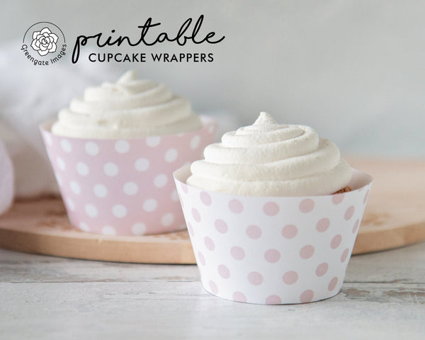 Blush Polka Dot Cupcake Wrappers - PRINTABLE instant download PDF. Both blush on white and white on blush included. Dusty pink for girls.