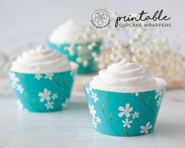 Turquoise Floral Cupcake Wrappers - PRINTABLE instant download PDF. Aquamarine teal bridal shower, wedding cupcakes, dessert table idea.