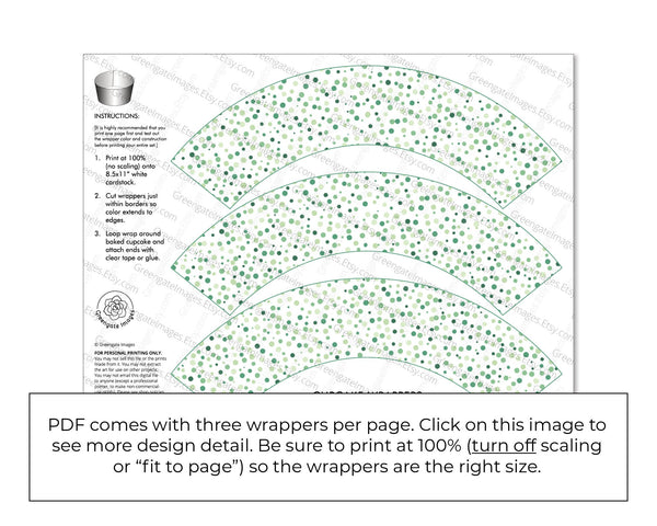 Green Confetti Spots Cupcake Wrapper - PRINTABLE instant download PDF. Cupcake sleeve liner, varied polka dots, St. Patrick's dessert idea.