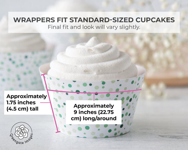 Green Confetti Spots Cupcake Wrapper - PRINTABLE instant download PDF. Cupcake sleeve liner, varied polka dots, St. Patrick's dessert idea.