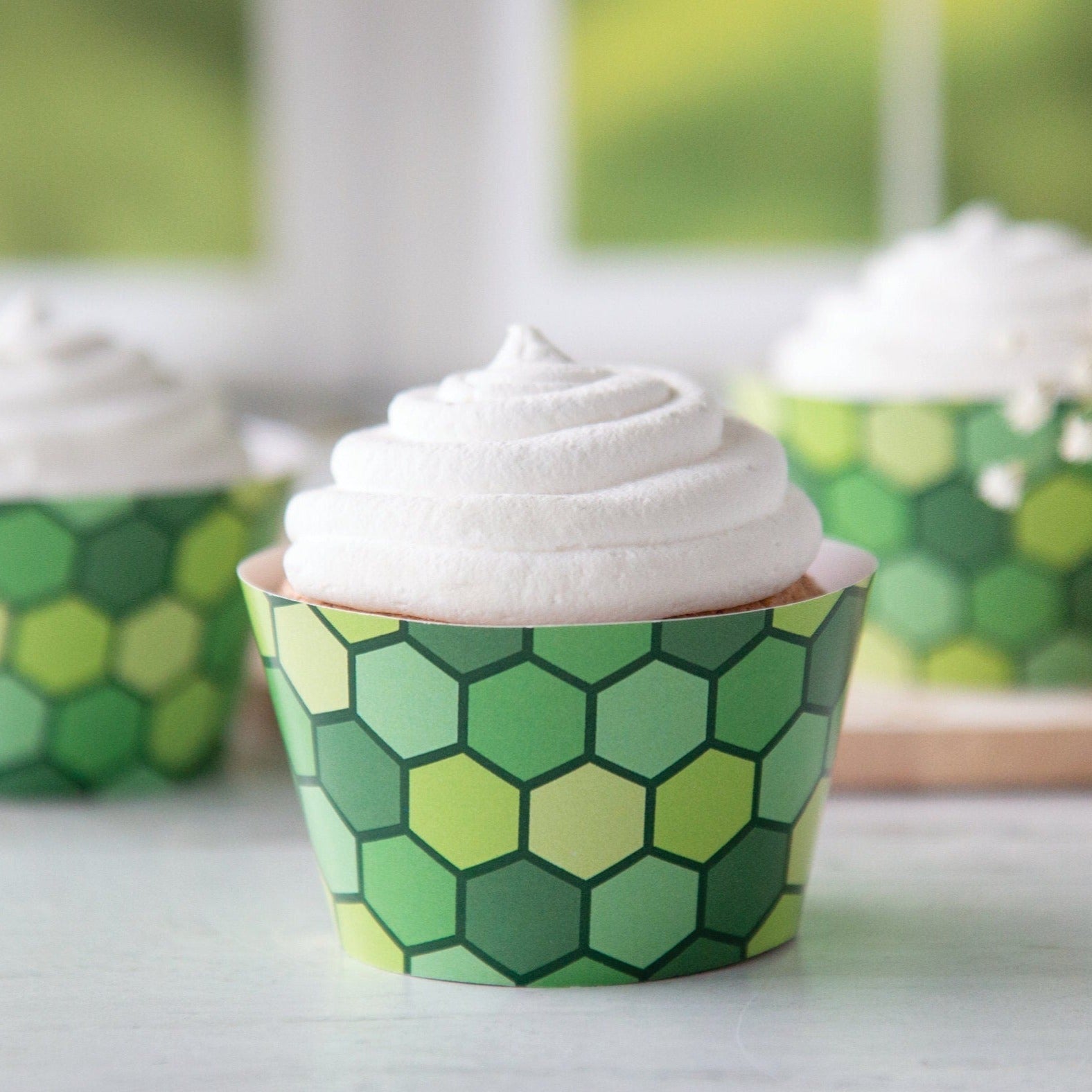 Green Hexagon Cupcake Wrapper - PRINTABLE instant download PDF. Cupcake sleeve liner, varied geometric shapes, St. Patrick's dessert idea.