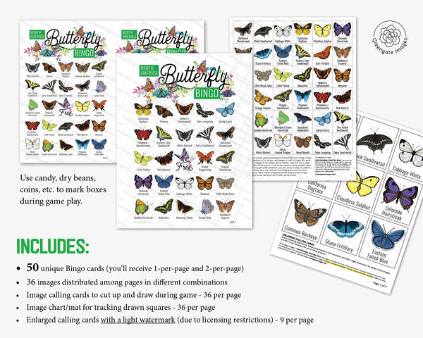 Butterfly Bingo - 50 PRINTABLE unique cards. Instant digital download PDF. Labeled pictures of 36 different species found in North America.
