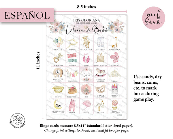 GIRL - Lotería de Bebé: 100 Cards, PRINTABLE bingo pdf, personalized baby shower bingo game in Spanish. Color pictures, baby girl feminine