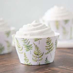 Fern Leaf Cupcake Wrapper - PRINTABLE digital download PDF. Watercolor greenery soft fern fronds on white background. Pretty wedding idea.
