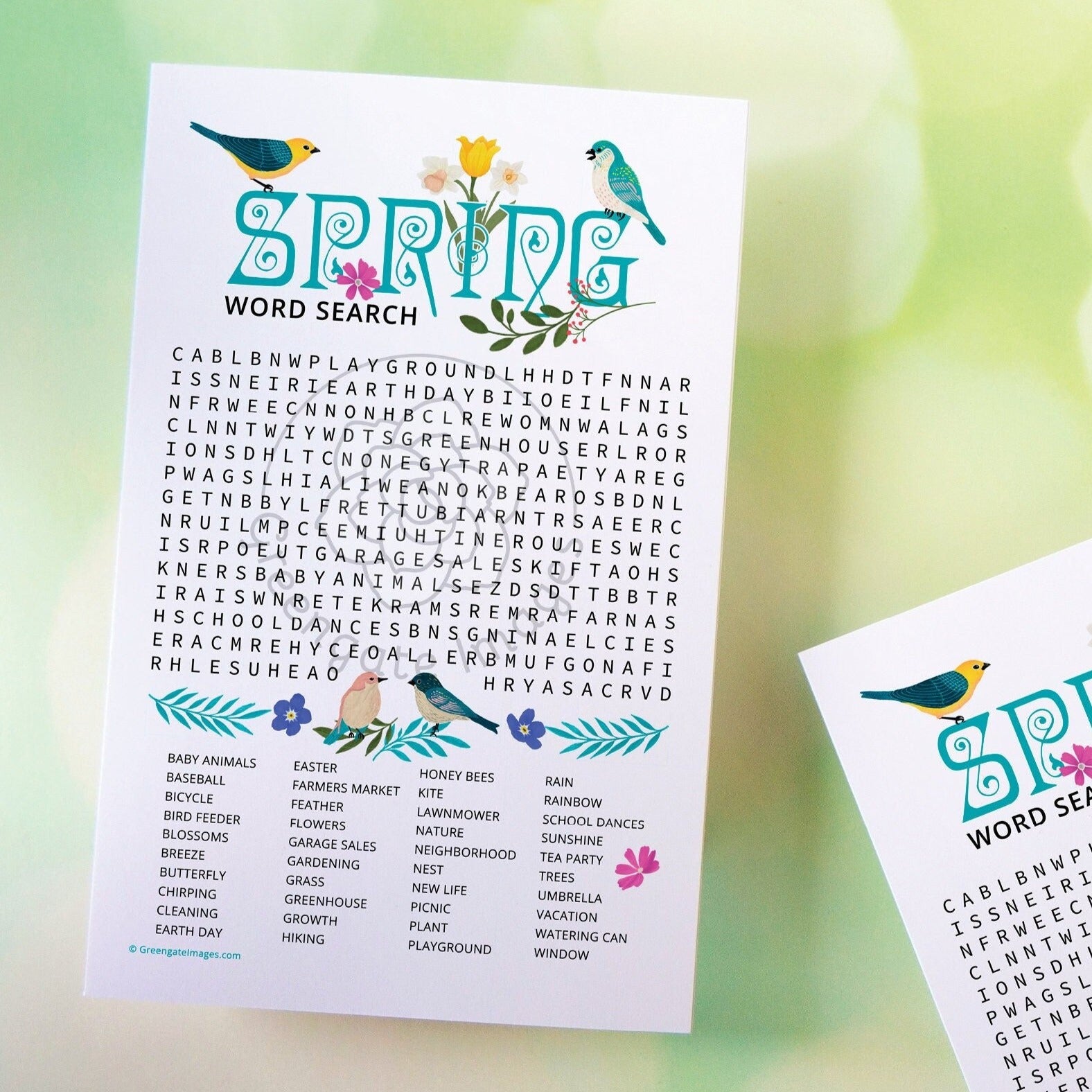 Spring Word Search - PRINTABLE downloadable activity. Fun word find for tea party guests, adults & older kids. Beautiful art, large print.