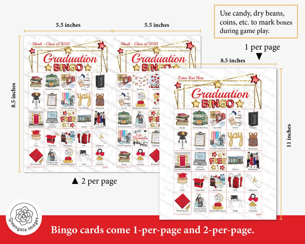 Graduation Bingo - 50 PRINTABLE unique cards. Bright red and gold color scheme to match your school colors. Personalize some text & add pic.