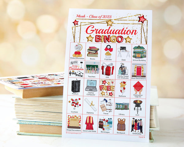 Graduation Bingo - 50 PRINTABLE unique cards. Bright red and gold color scheme to match your school colors. Personalize some text & add pic.