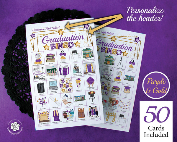 Graduation Bingo - 50 PRINTABLE unique cards. Purple and gold color scheme to match your school colors. Personalize some text & add pic.