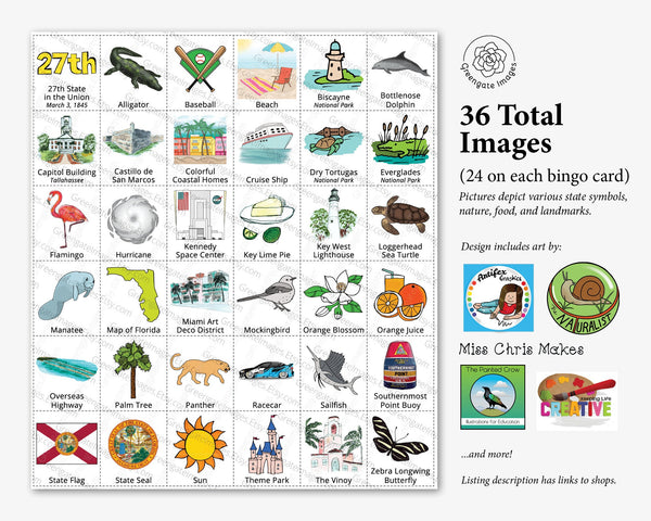 Florida Bingo Cards - 50 PRINTABLE unique cards you download instantly. Fun FL state activity for kids-seniors. Educational homeschool game.
