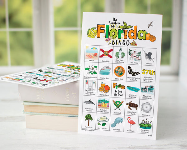 Florida Bingo Cards - 50 PRINTABLE unique cards you download instantly. Fun FL state activity for kids-seniors. Educational homeschool game.