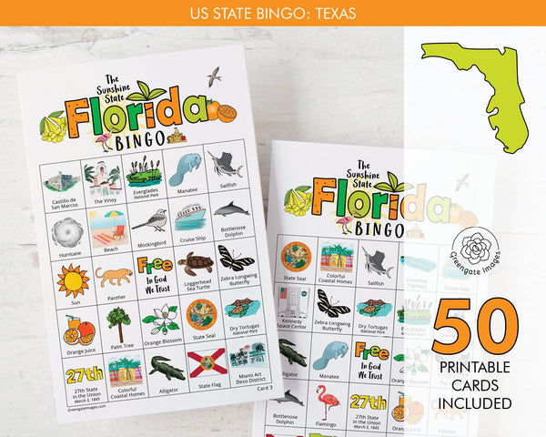 Florida Bingo Cards - 50 PRINTABLE unique cards you download instantly. Fun FL state activity for kids-seniors. Educational homeschool game.